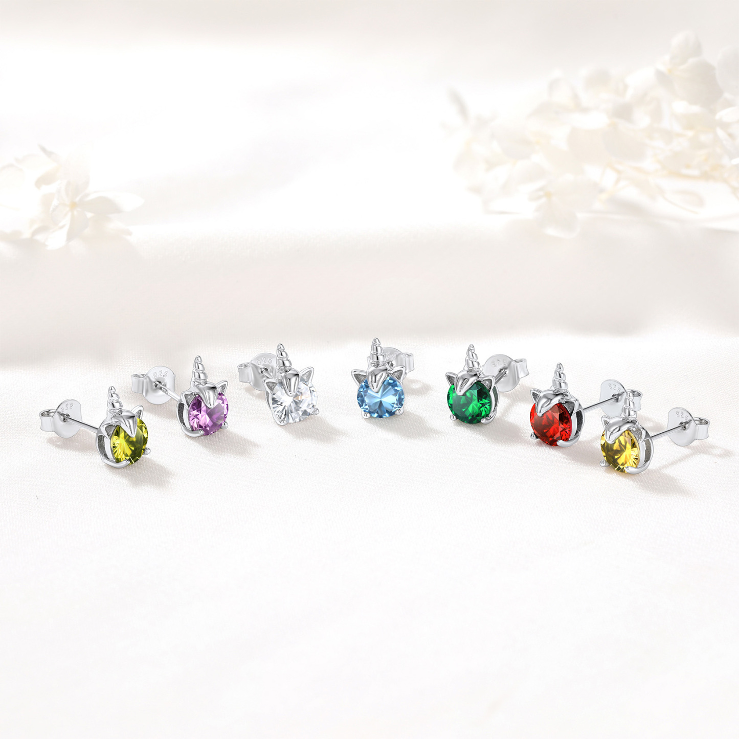 Birthstone Unicorn Stud Earrings in Different Month Colors-01