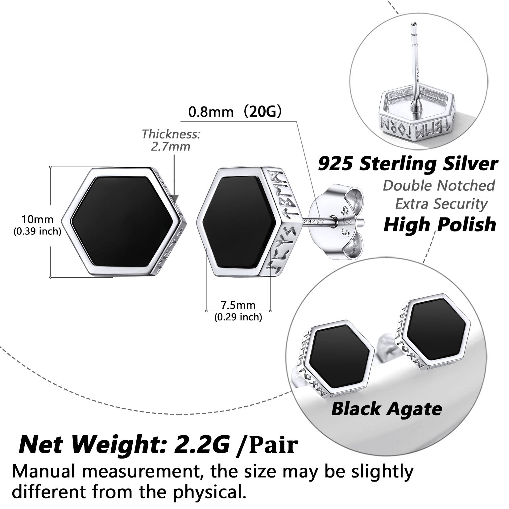 Black Onyx Hexagon Viking Rune Stud Details-Earrings Size, Weight