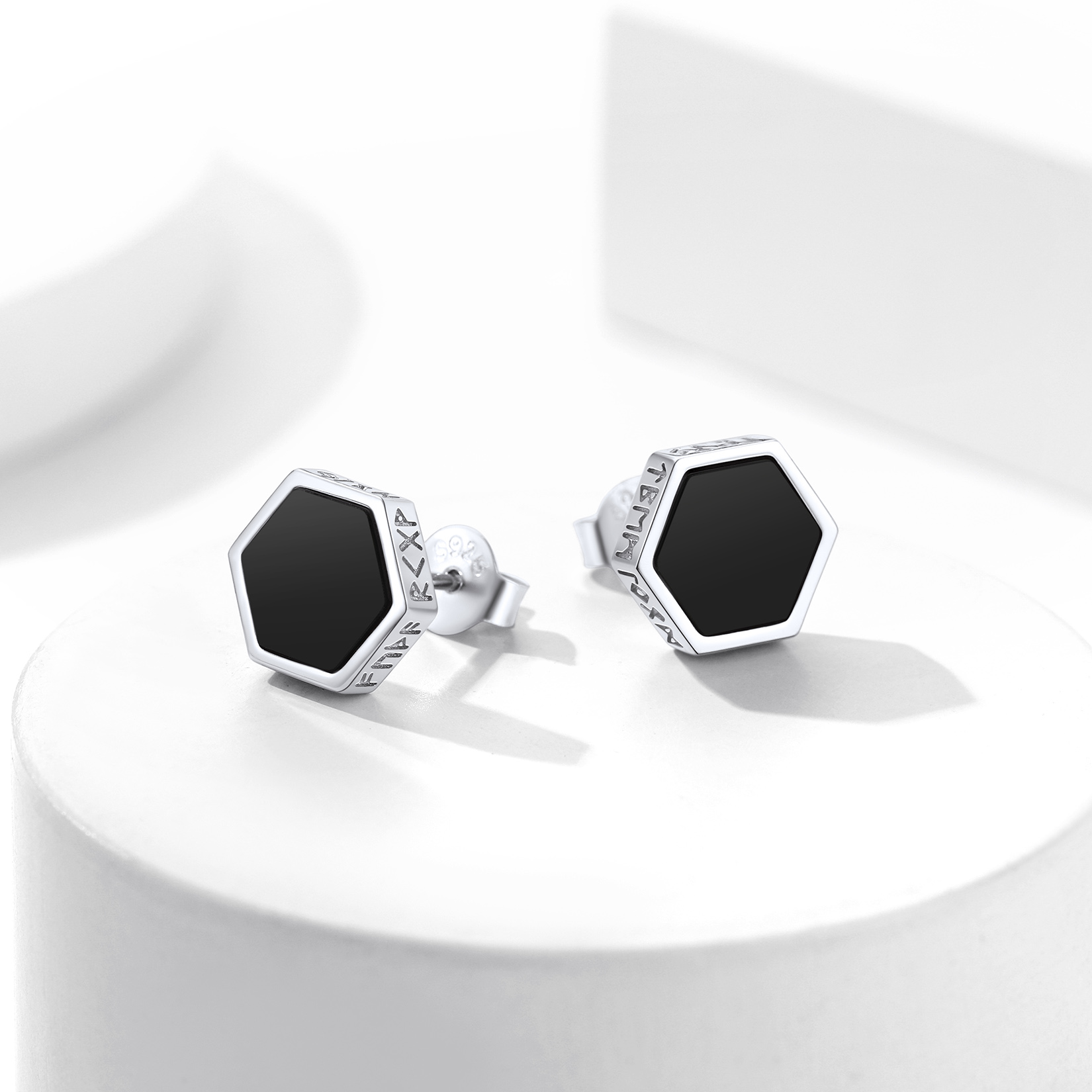 Black Onyx Hexagon Viking Rune Stud Earrings, Sterling Silver-01