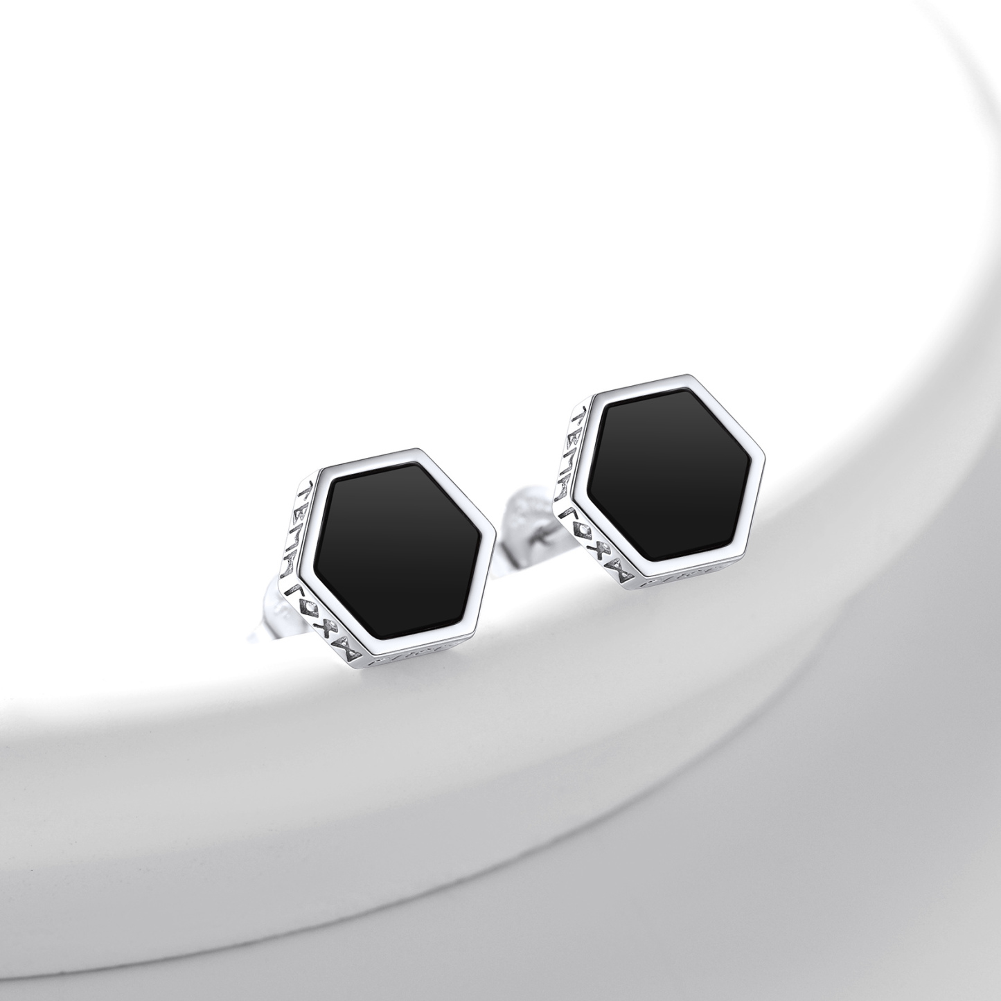 Black Onyx Hexagon Viking Rune Stud Earrings, Sterling Silver-02