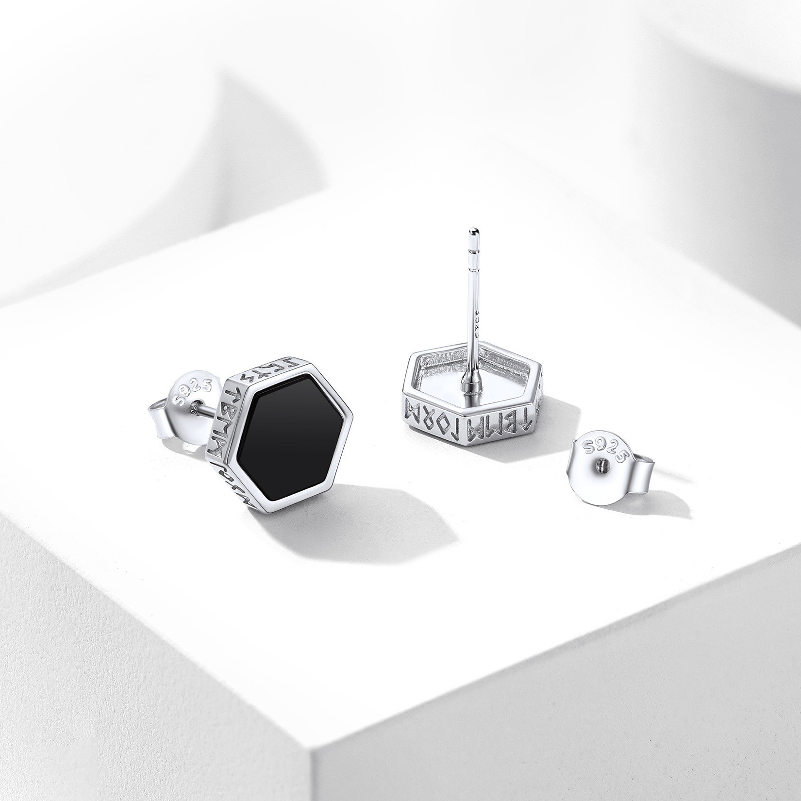 Black Onyx Hexagon Viking Rune Stud Earrings, Sterling Silver-03