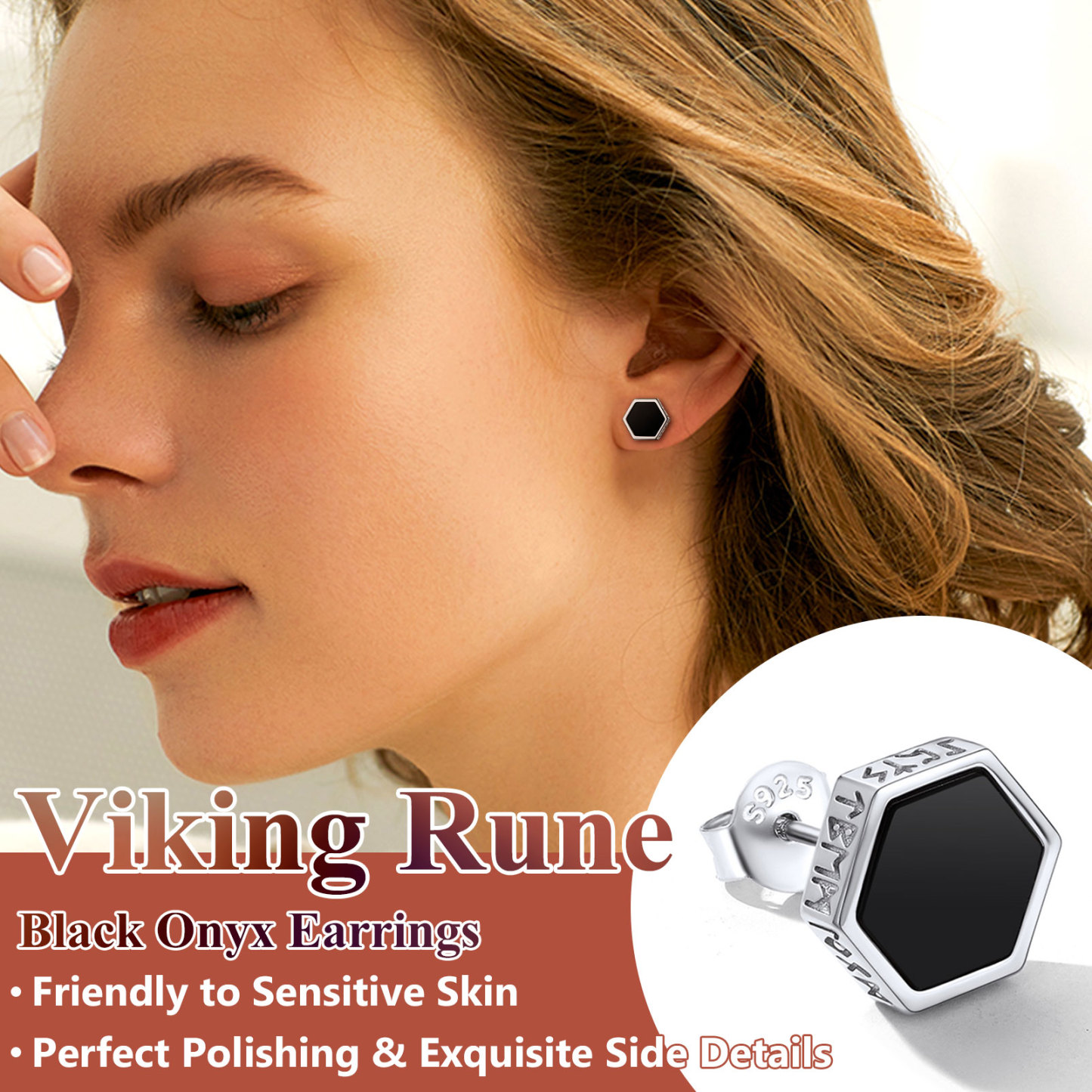 Black Onyx Hexagon Viking Rune Stud Earrings, Viking Jewelry
