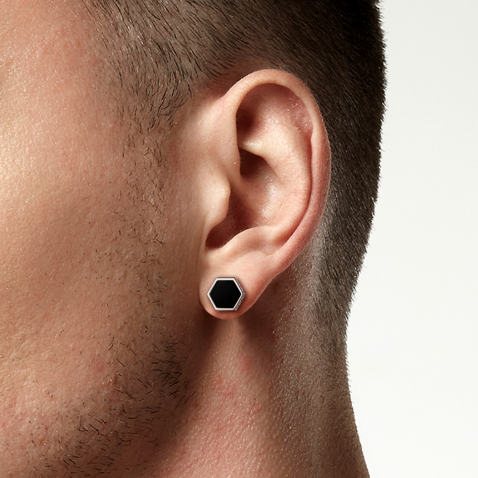 Black Onyx Hexagon Viking Rune Stud Earrings for Men