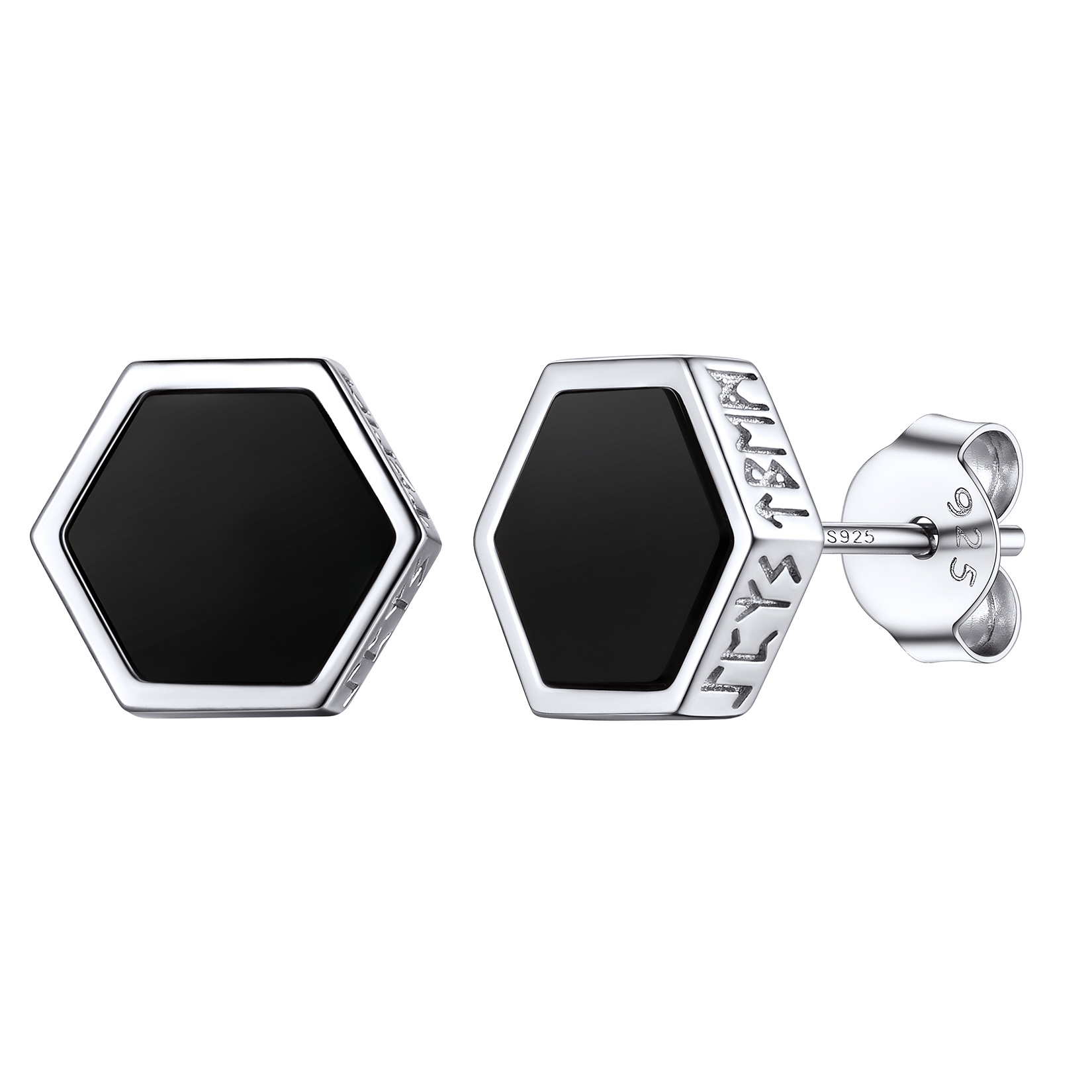 Black Onyx Hexagon Viking Rune Stud Earrings in Silver