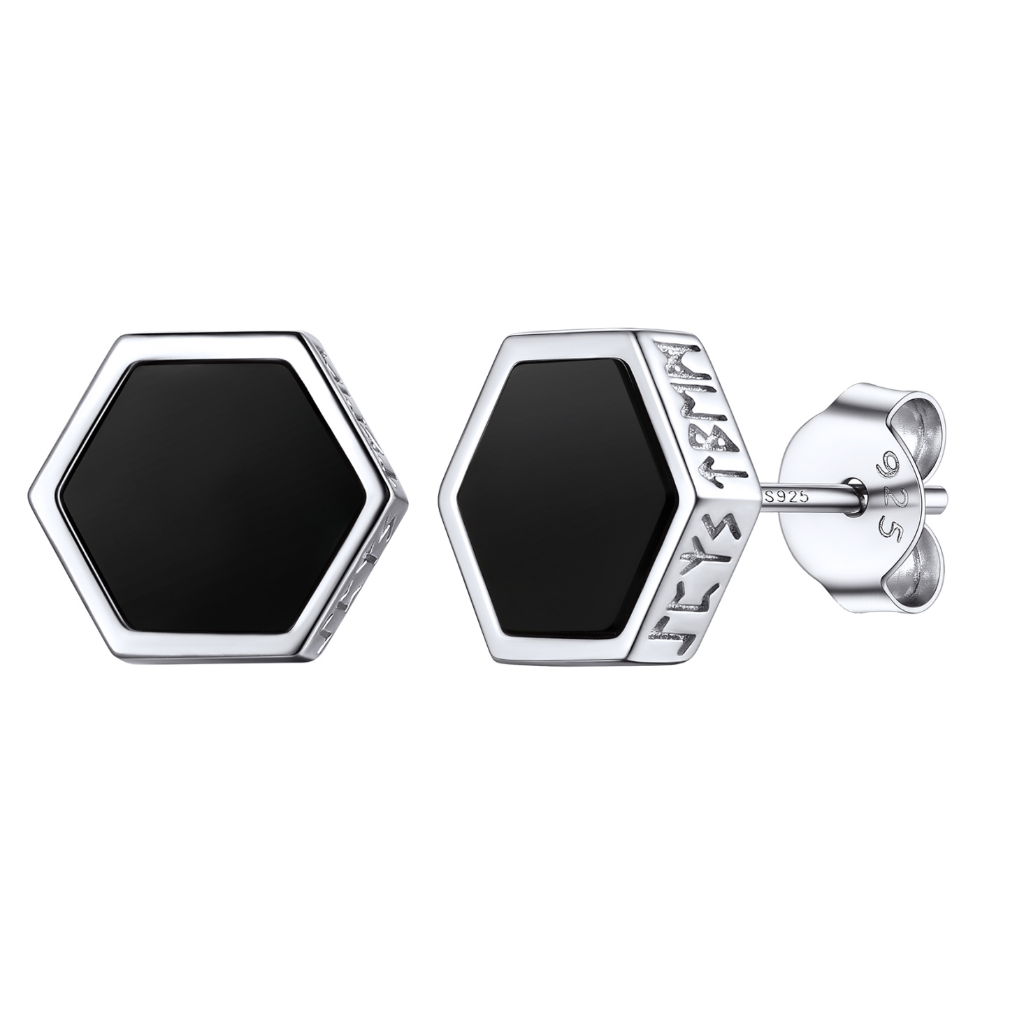 Black Onyx Hexagon Viking Rune Stud Earrings in Silver