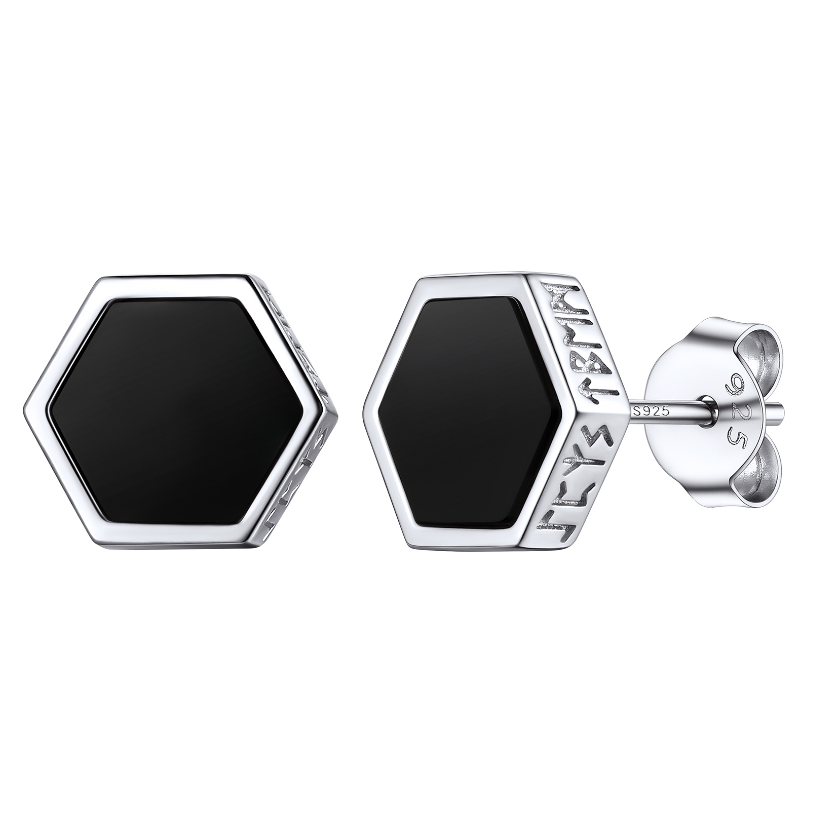 Black Onyx Hexagon Viking Rune Stud Earrings in Silver