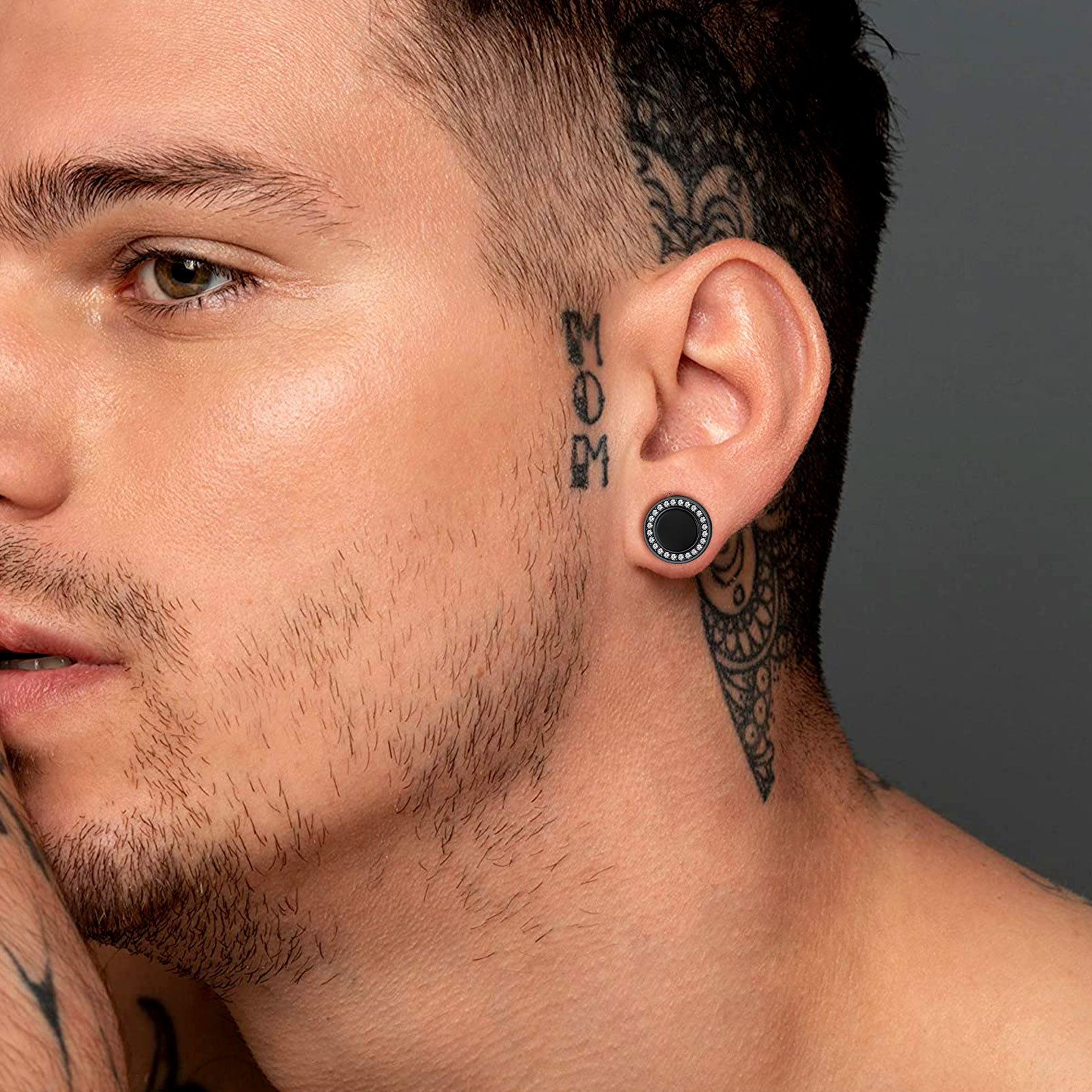 Black Onyx Stud Earrings with CZ for Men