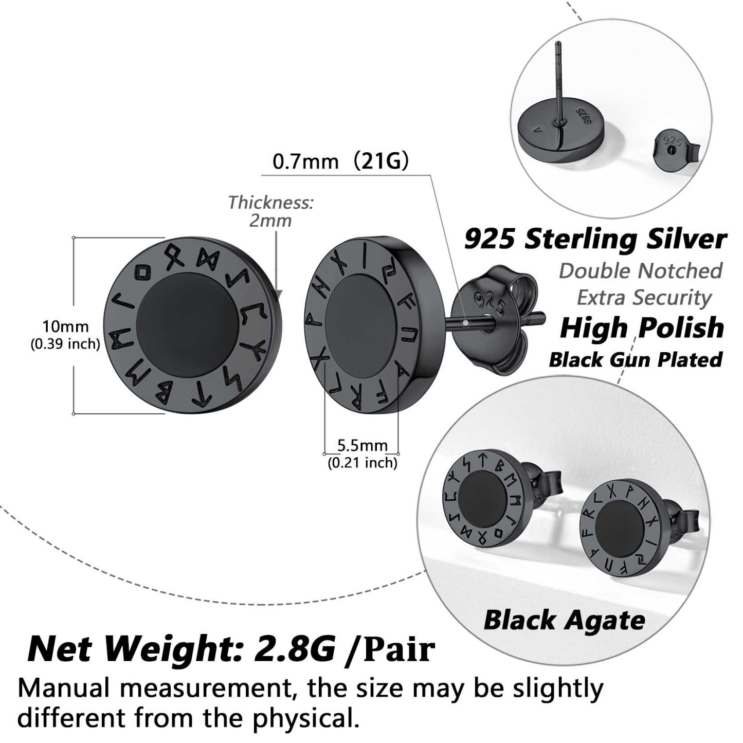 Black Onyx Viking Rune Stud Details-Earrings Size, Weight