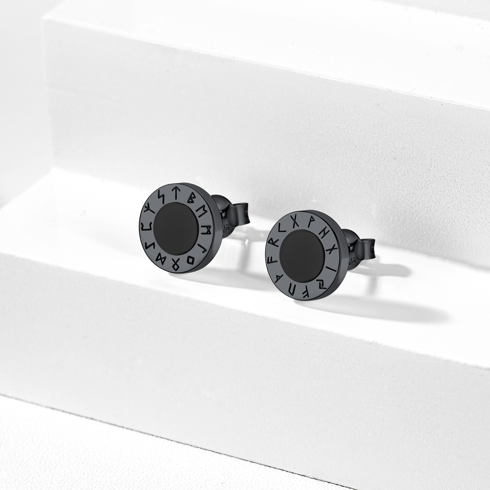 Black Onyx Viking Rune Stud Earrings, Black Plated-01