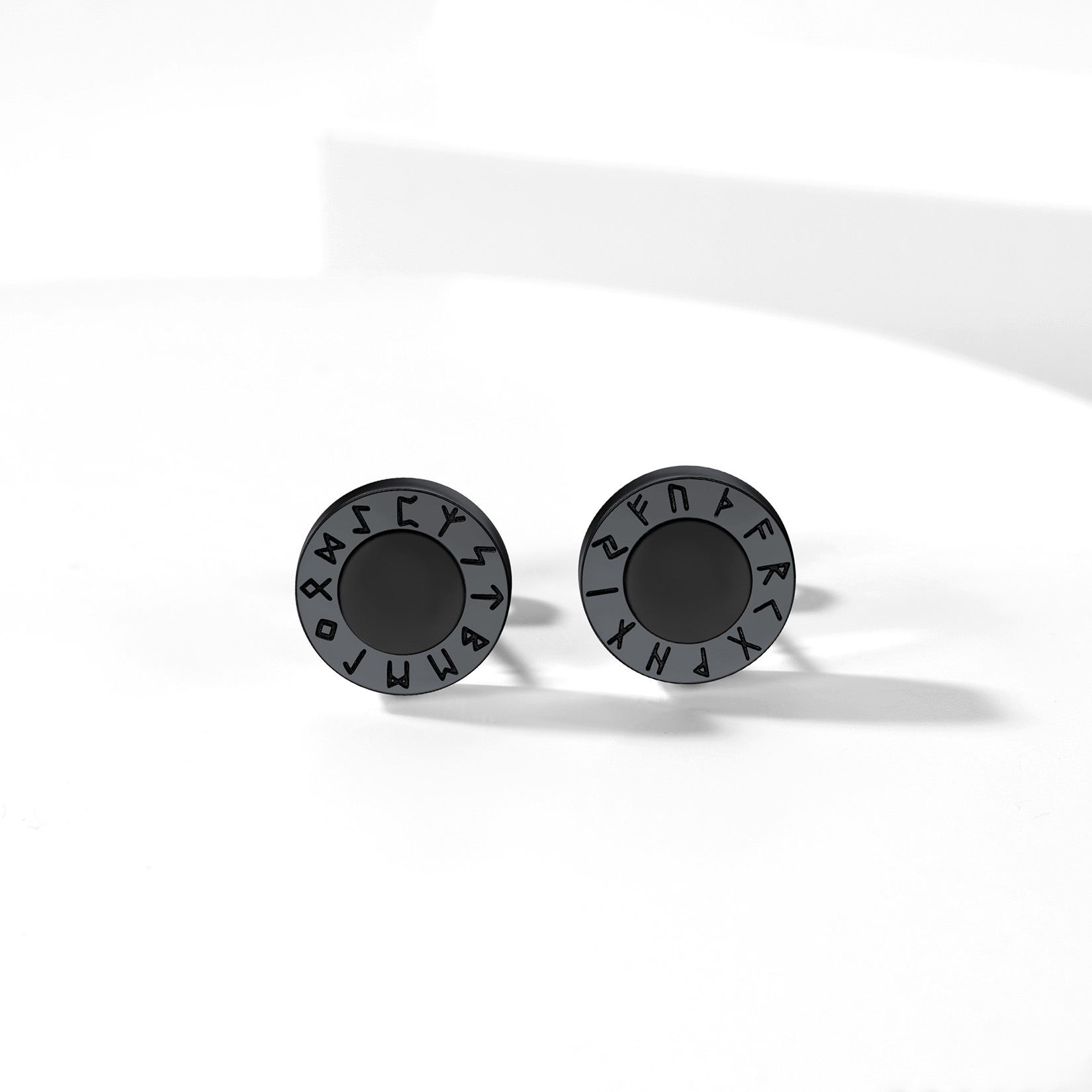 Black Onyx Viking Rune Stud Earrings, Black Plated-02