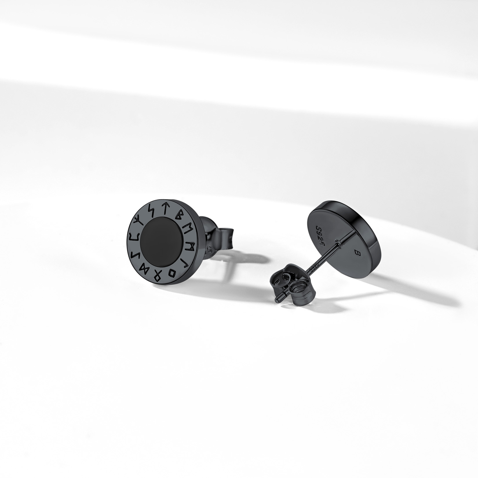 Black Onyx Viking Rune Stud Earrings, Black Plated-03