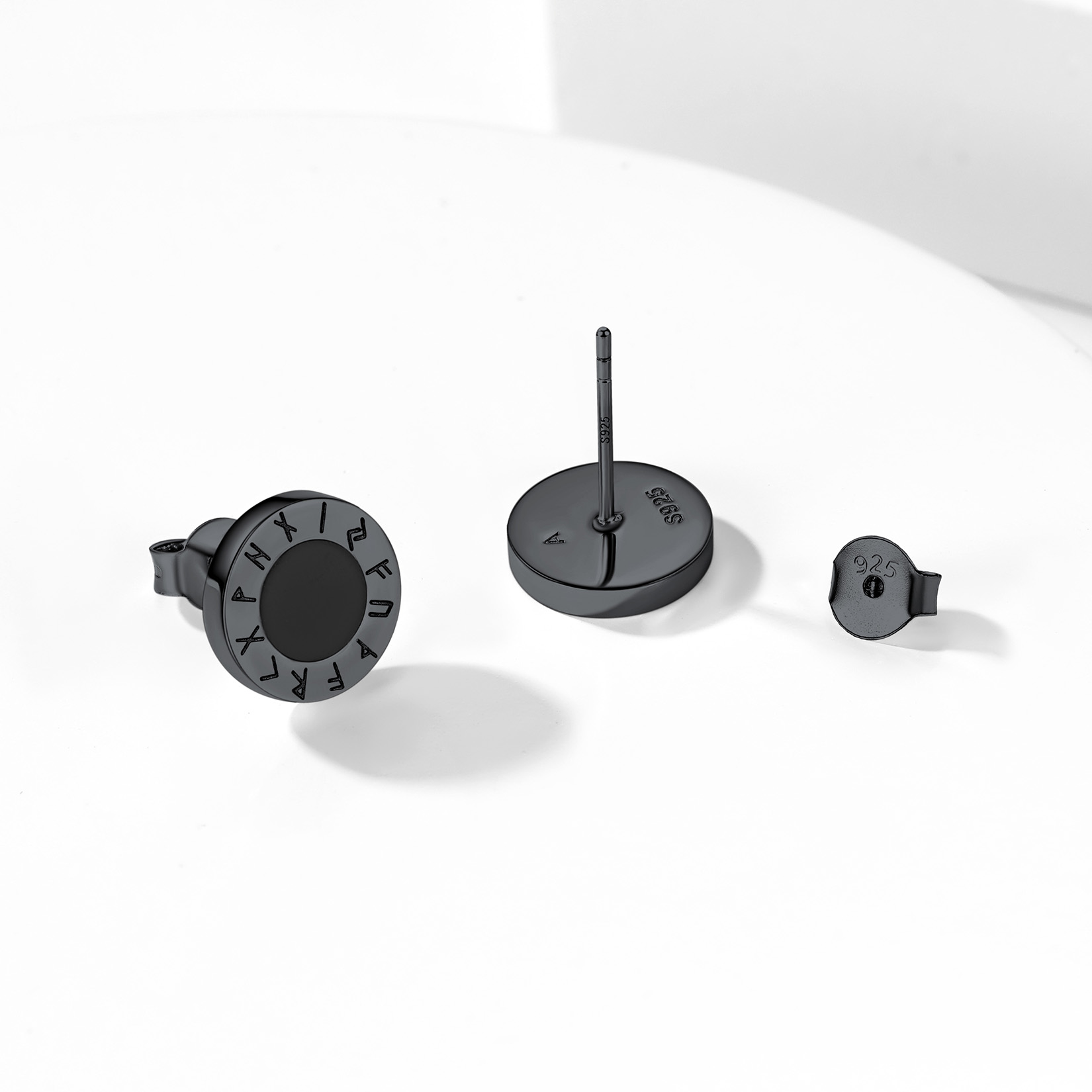 Black Onyx Viking Rune Stud Earrings, Black Plated-04