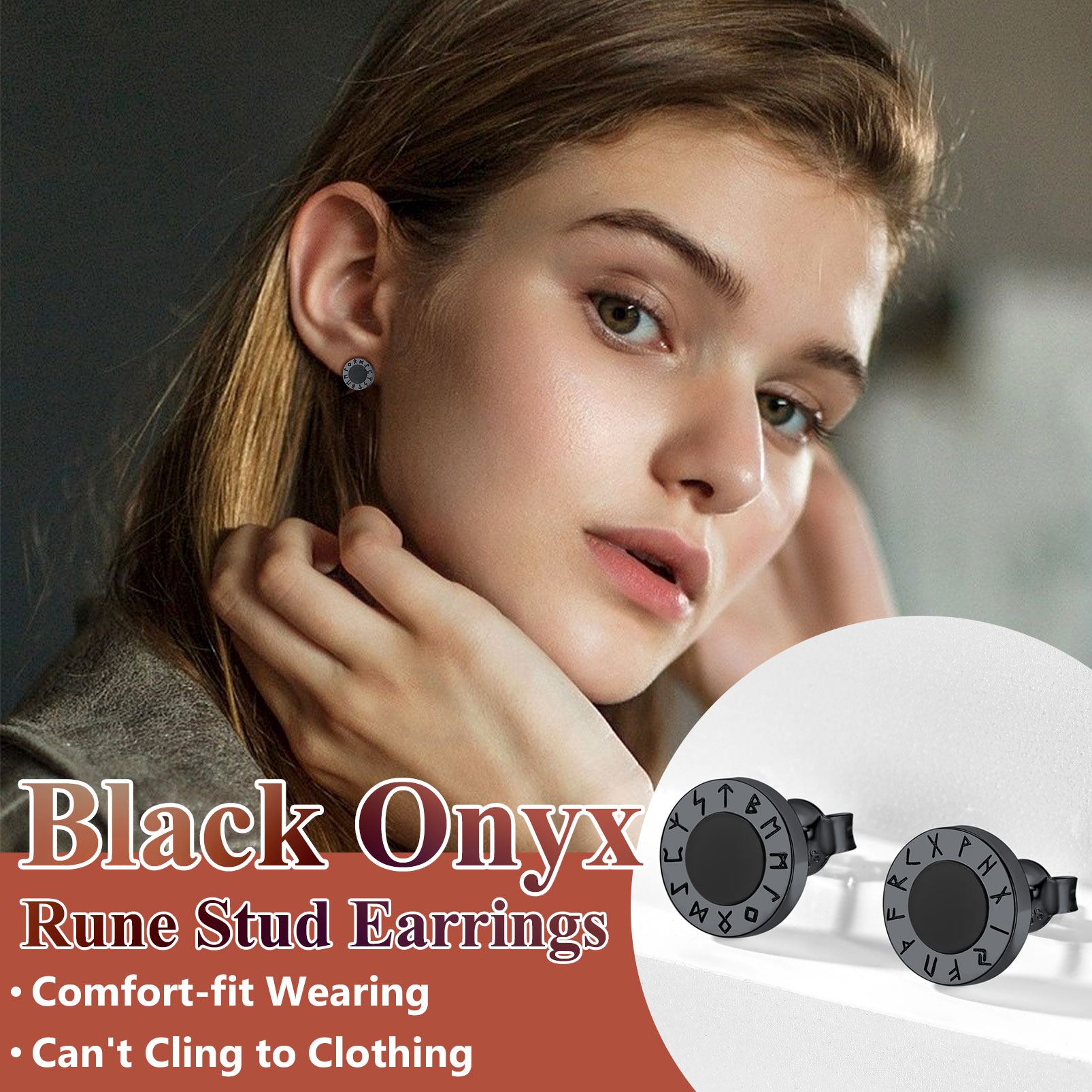 Black Onyx Viking Rune Stud Earrings, Viking Jewelry