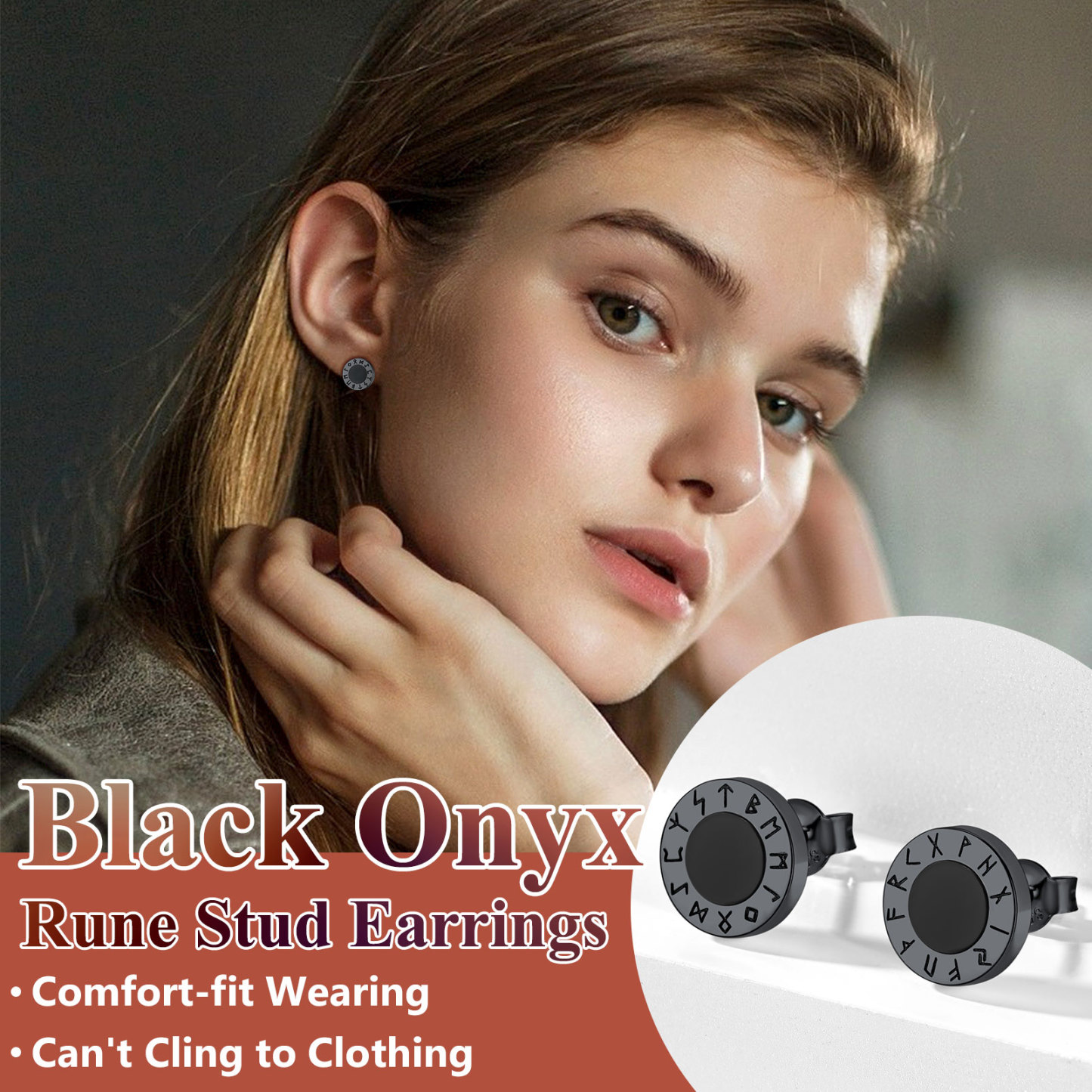 Black Onyx Viking Rune Stud Earrings, Viking Jewelry