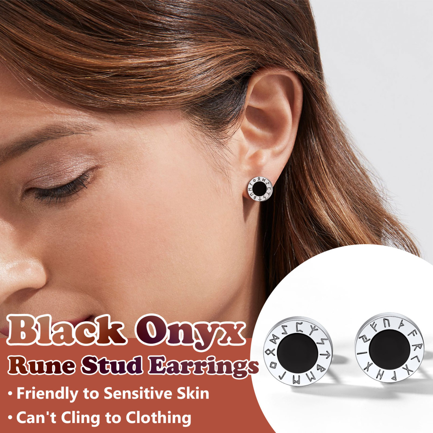 Black Onyx Viking Rune Stud Earrings, Viking Jewelry
