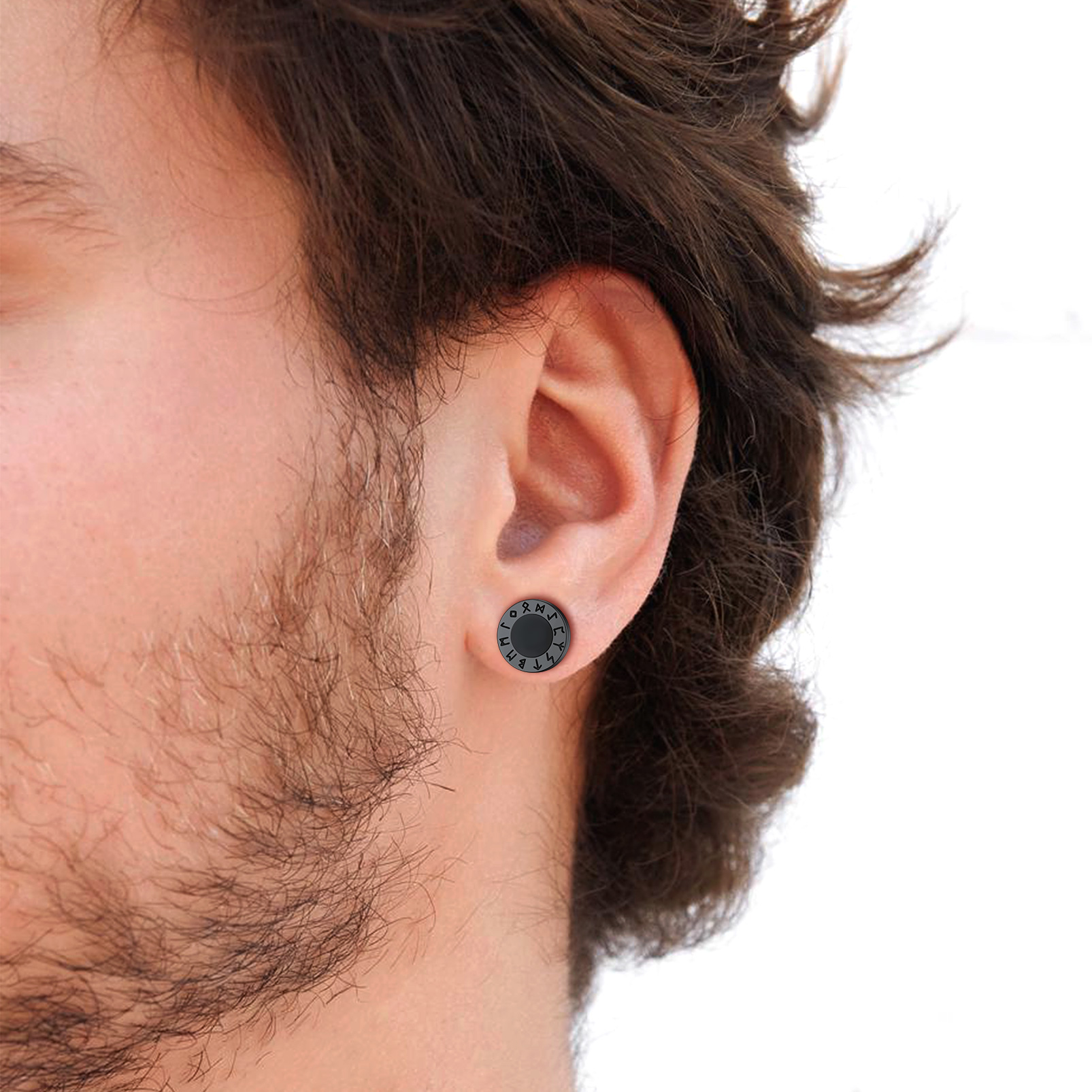 Black Onyx Viking Rune Stud Earrings for Men-02