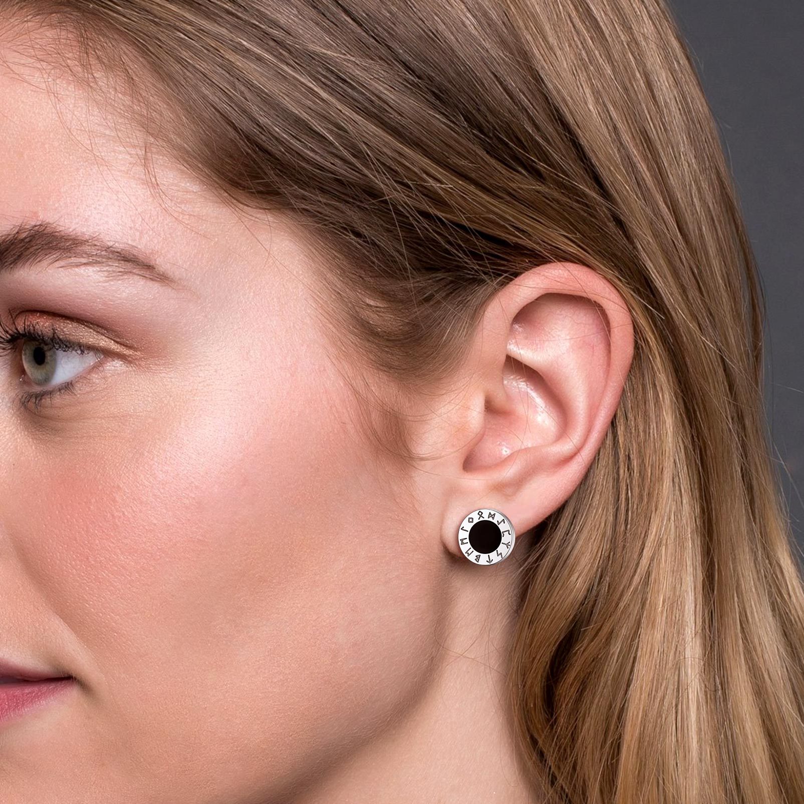 Black Onyx Viking Rune Stud Earrings for Women