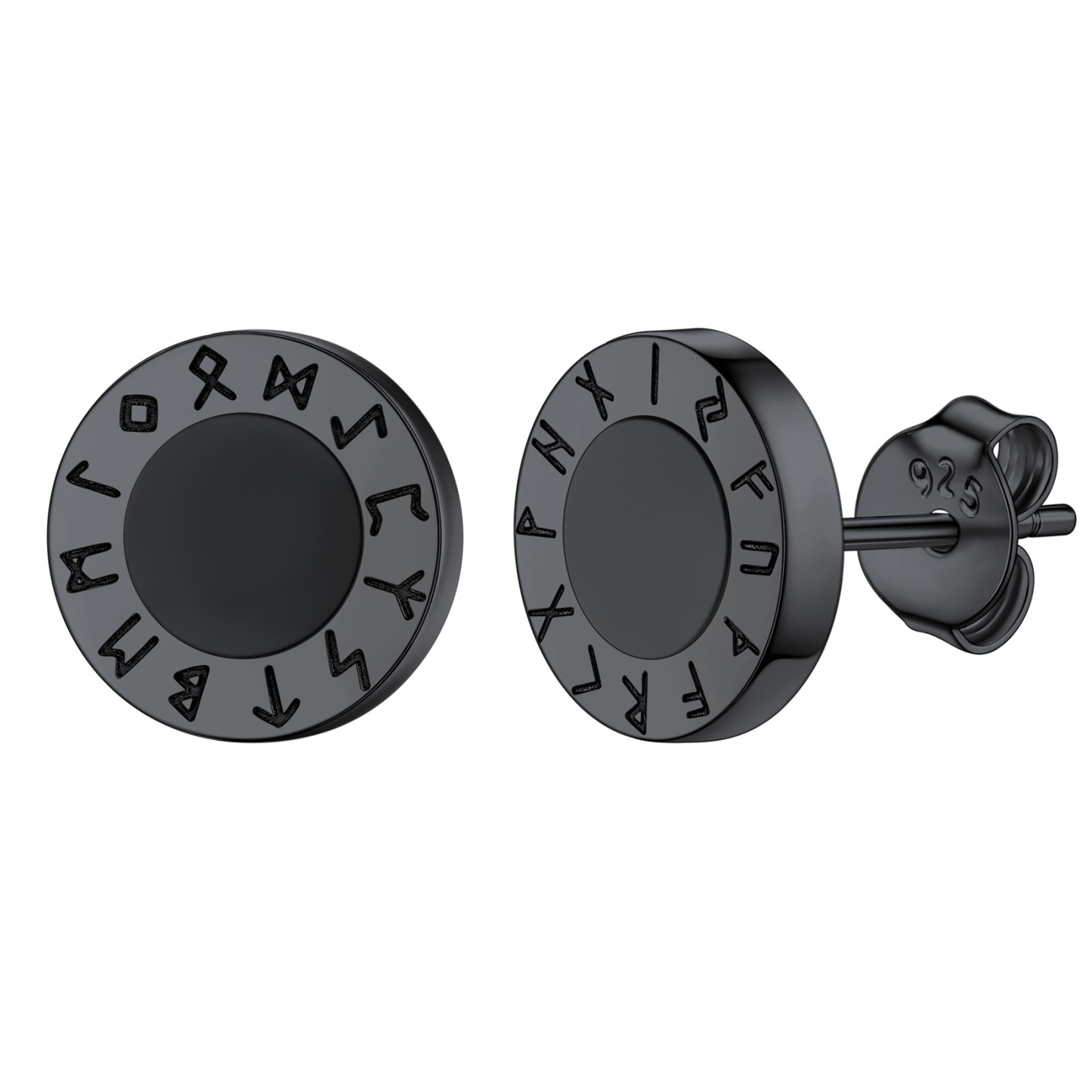 Black Onyx Viking Rune Stud Earrings in Black Plated
