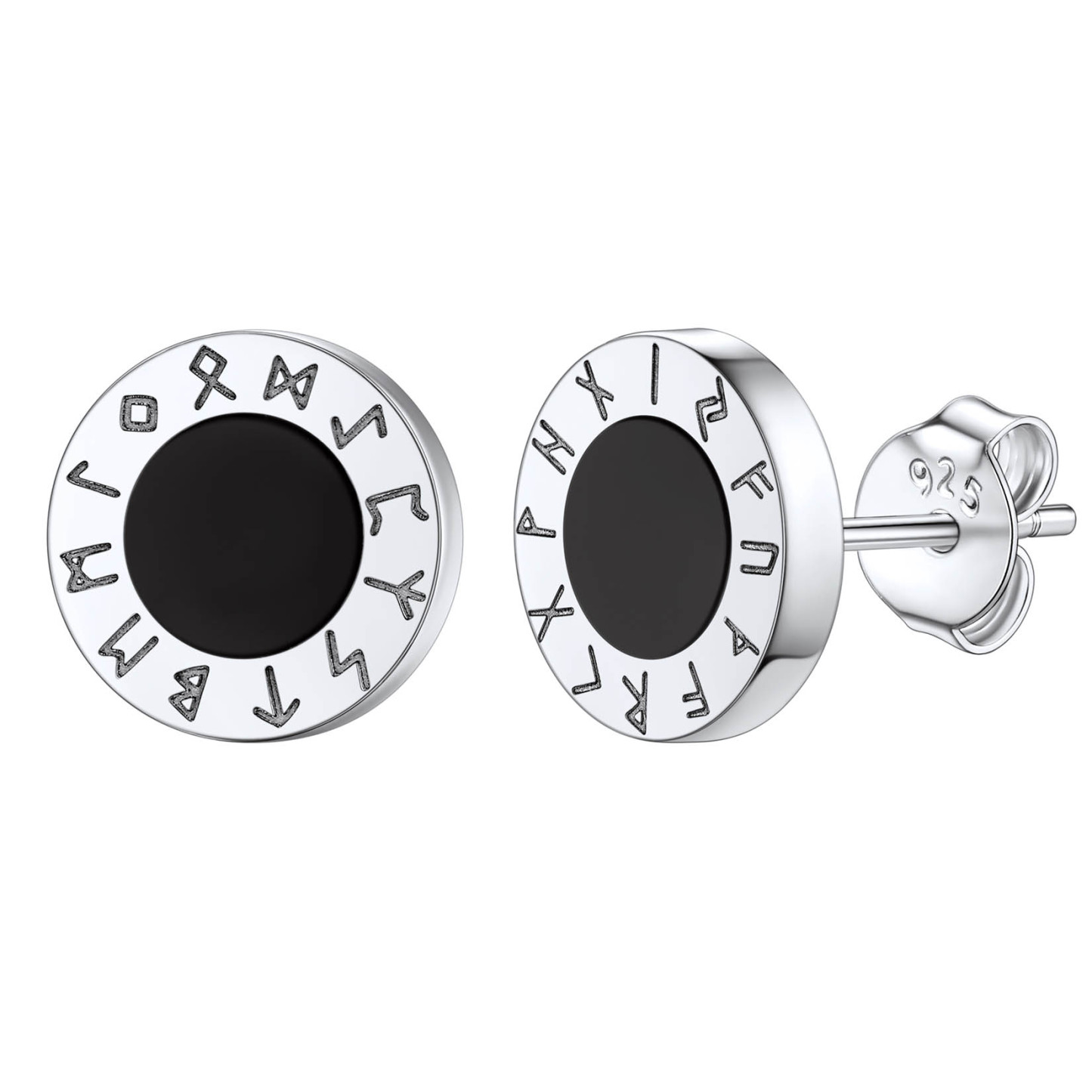 Black Onyx Viking Rune Stud Earrings in Silver