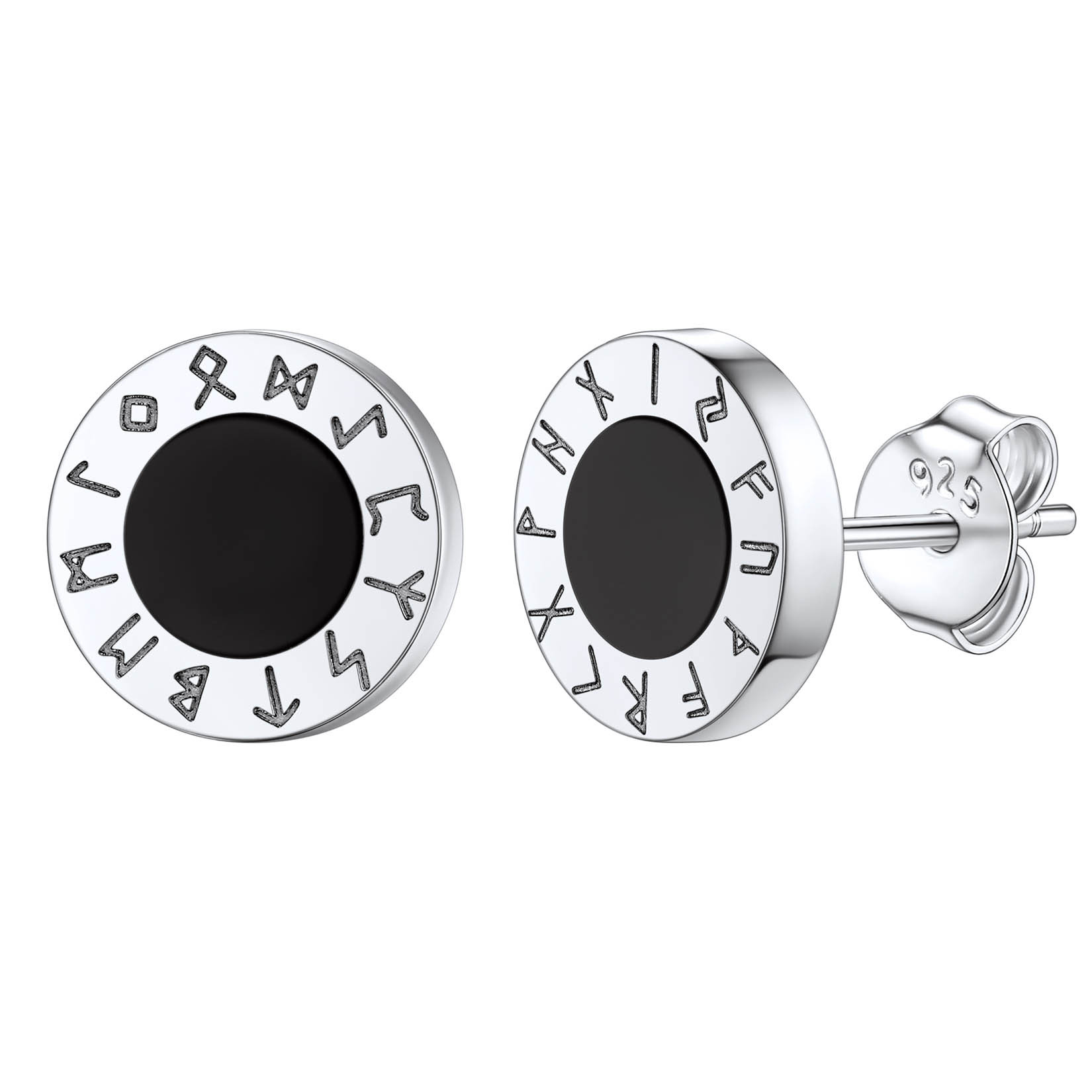 Black Onyx Viking Rune Stud Earrings in Silver