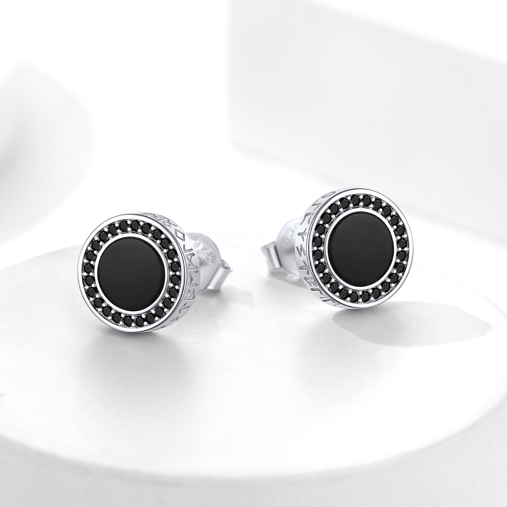 Black Onyx Viking Rune Stud Earrings with CZ, Sterling Silver-01