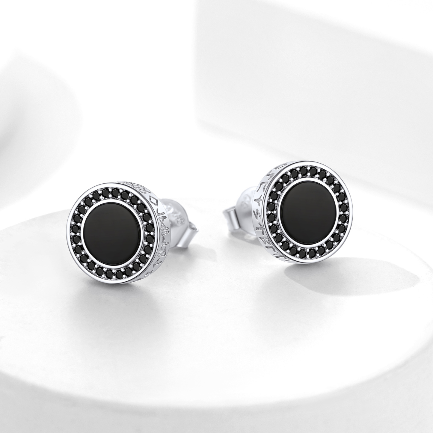 Black Onyx Viking Rune Stud Earrings with CZ, Sterling Silver-01