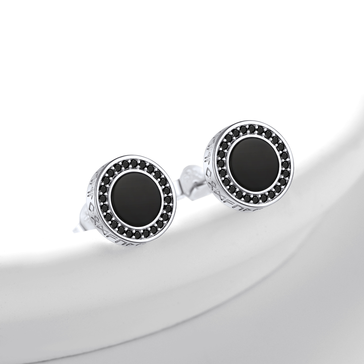 Black Onyx Viking Rune Stud Earrings with CZ, Sterling Silver-02
