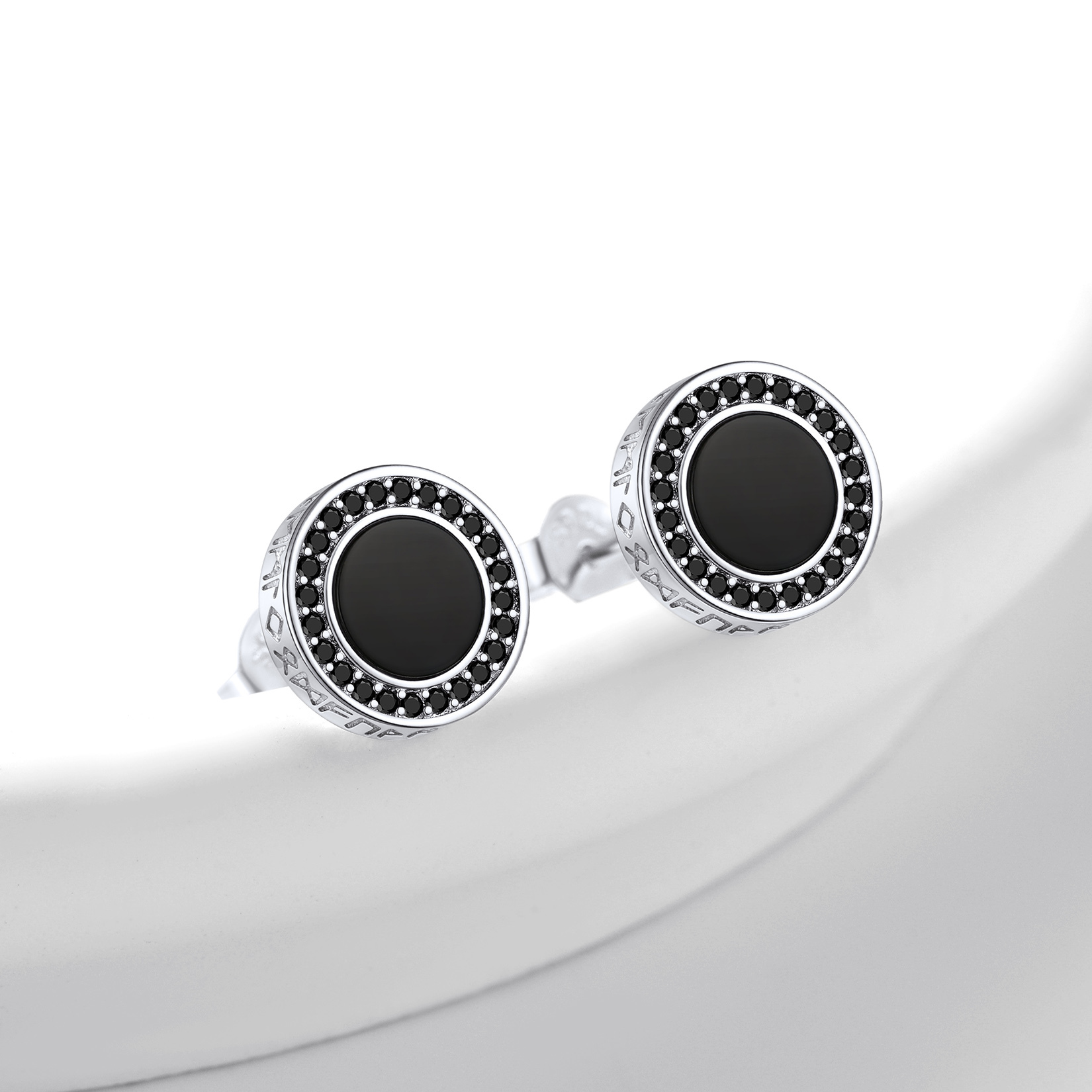 Black Onyx Viking Rune Stud Earrings with CZ, Sterling Silver-02
