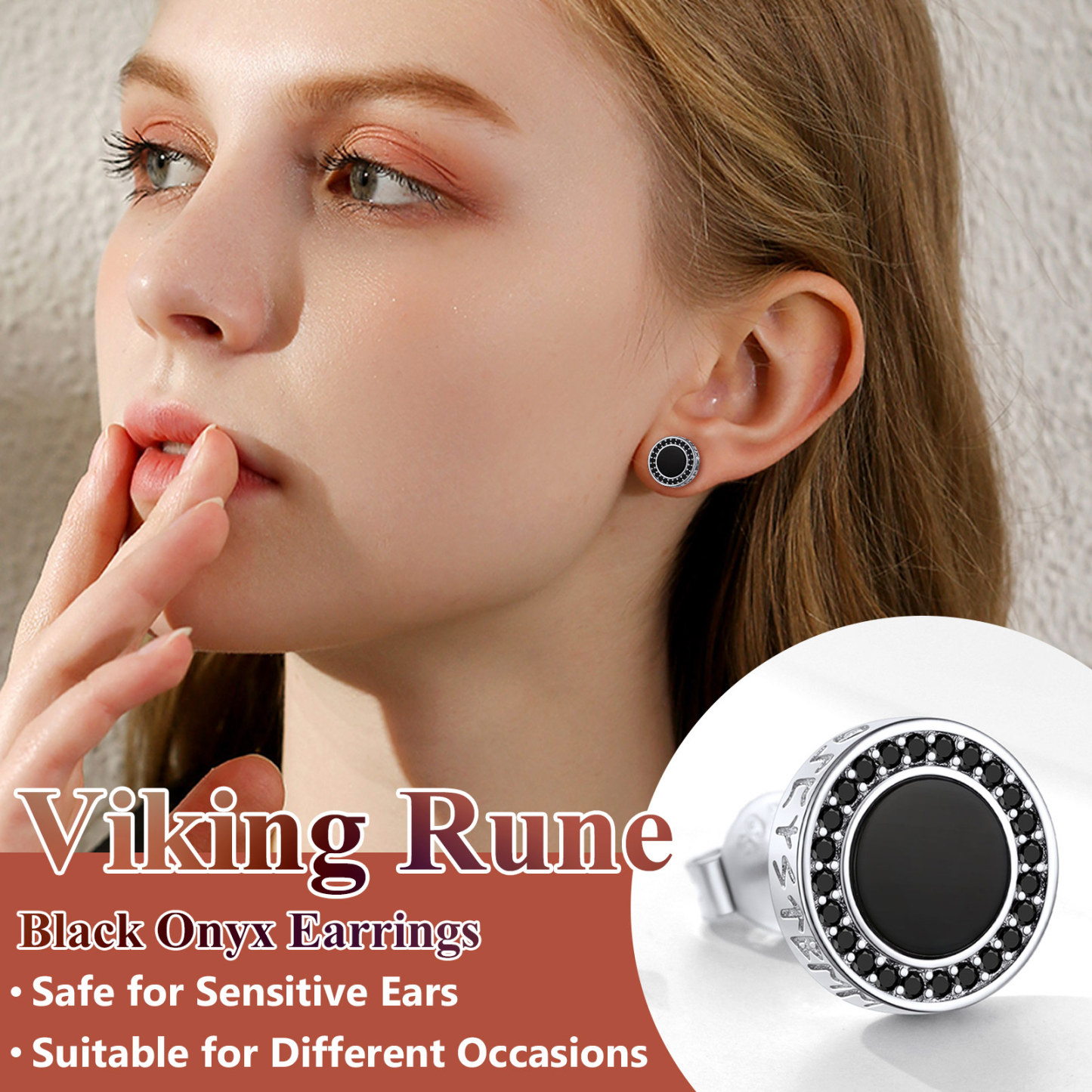 Black Onyx Viking Rune Stud Earrings with CZ, Viking Jewelry