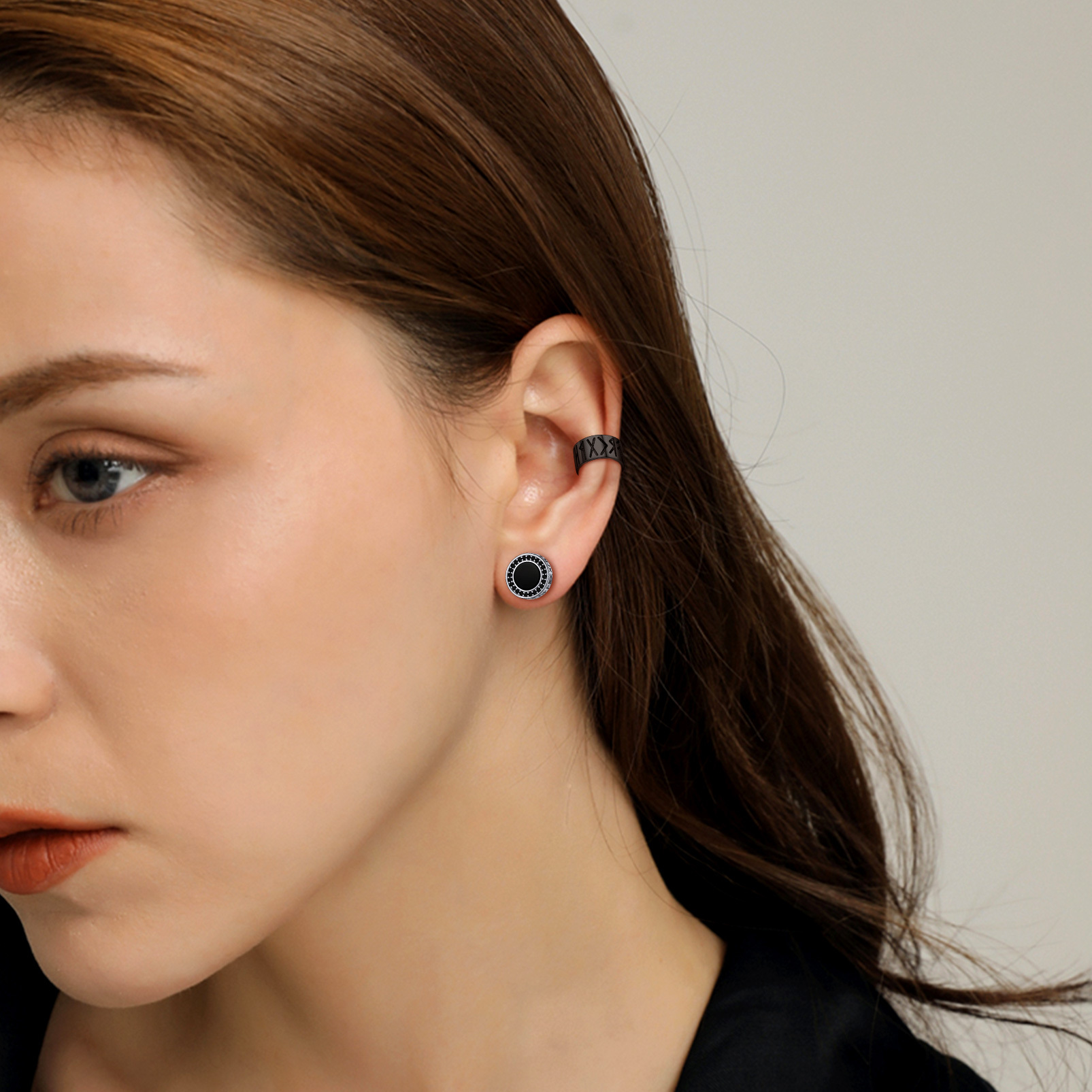 Black Onyx Viking Rune Stud Earrings with CZ for Women-01