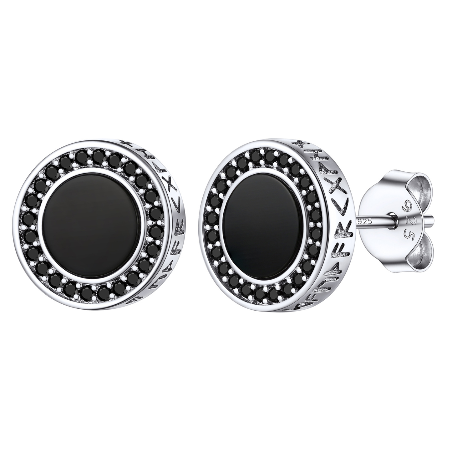 Black Onyx Viking Rune Stud Earrings with CZ in Silver