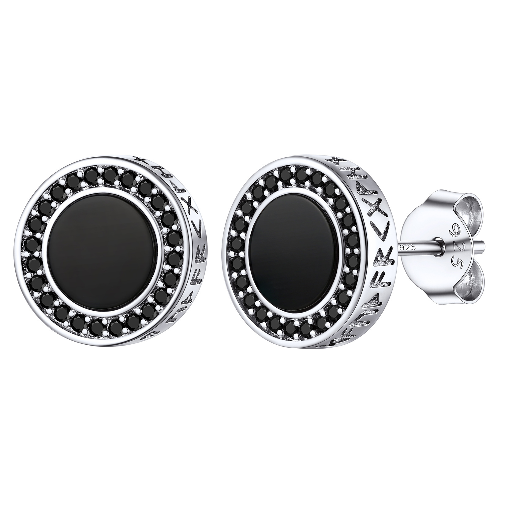 Black Onyx Viking Rune Stud Earrings with CZ in Silver