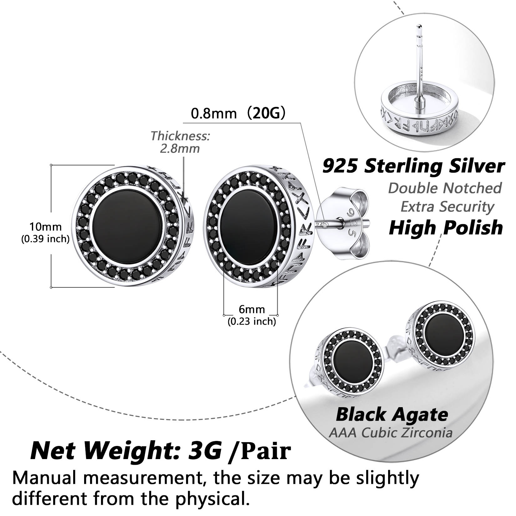 Black Onyx Viking Rune Stud with CZ Details-Earrings Size, Weight