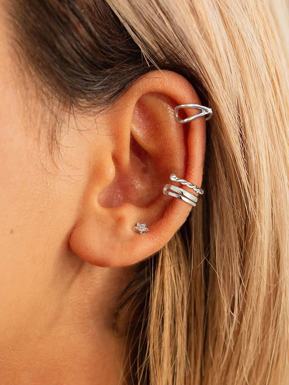 4 Pcs Ear Cuff Earrings Set in Silver