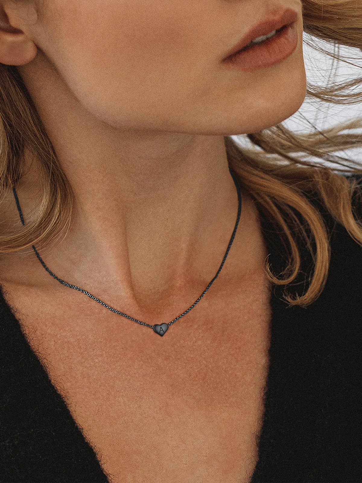 Initial Pendant Mini Heart Necklace in Black