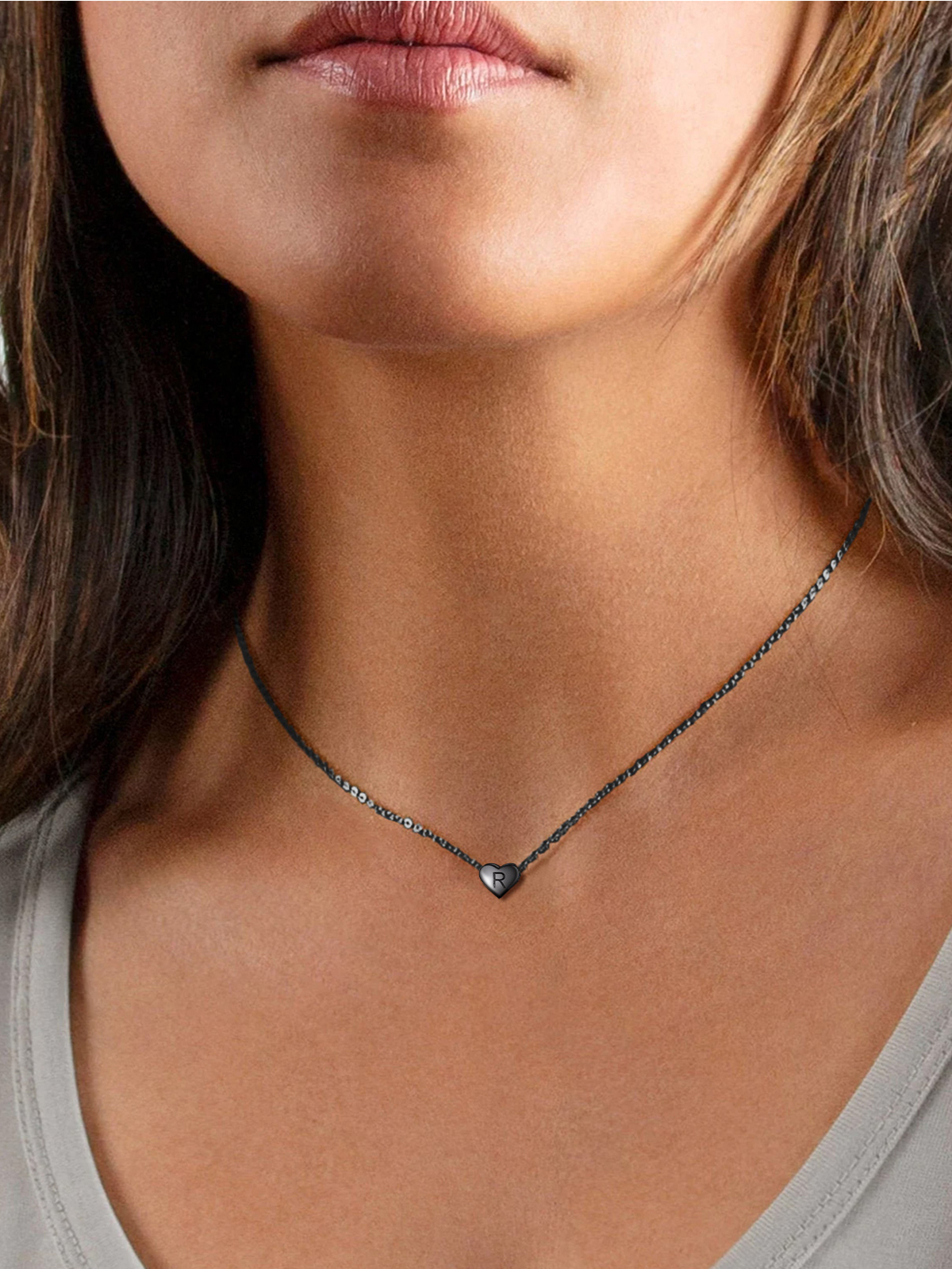 Initial Pendant Mini Heart Necklace in Black