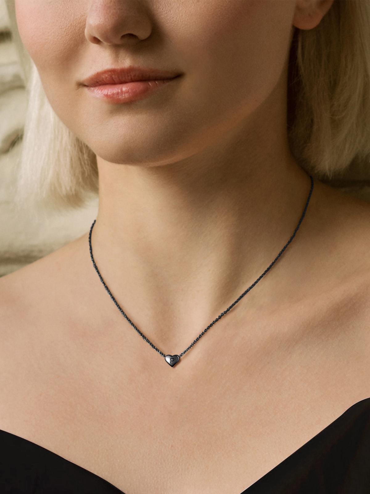 Initial Pendant Mini Heart Necklace in Black