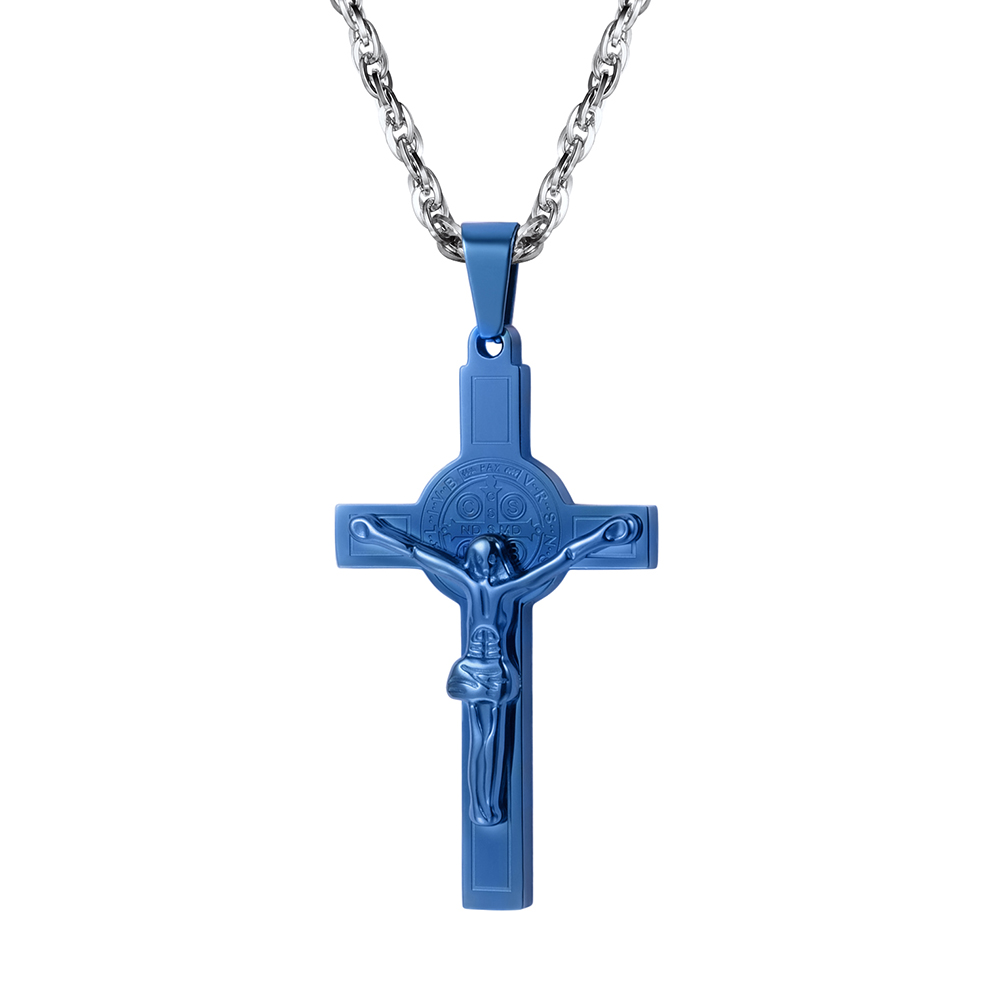Cross Crucifix Jesus Pendant Necklace in Blue Plated
