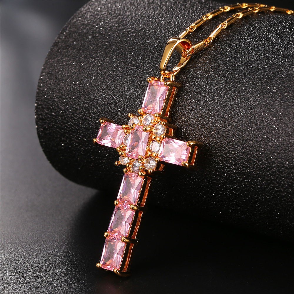 Crystal Cross Pendant, Pink Cubic Zirconia-01