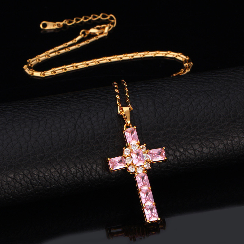 Crystal Cross Pendant, Pink Cubic Zirconia-02
