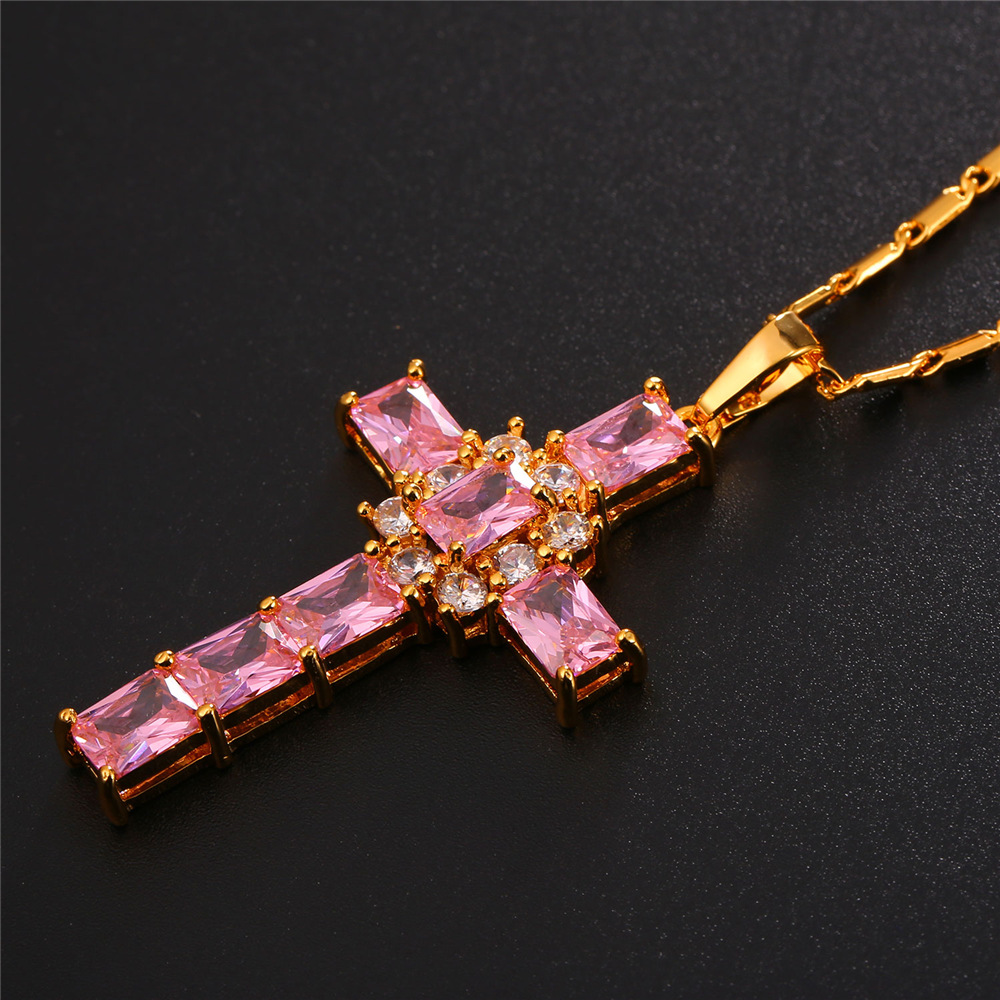 Crystal Cross Pendant, Pink Cubic Zirconia-03