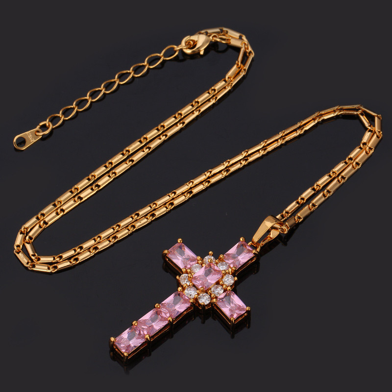 Crystal Cross Pendant, Pink Cubic Zirconia-05