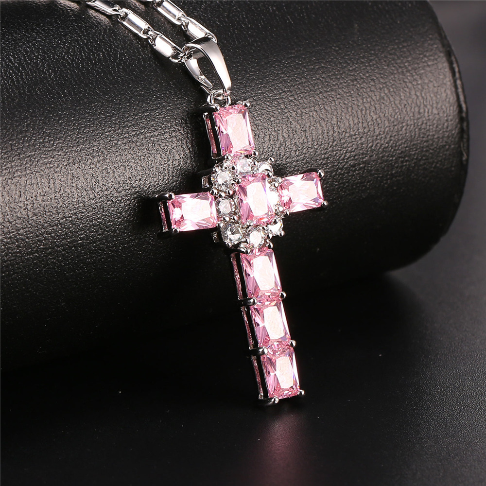 Crystal Cross Pendant, Pink Cubic Zirconia-01