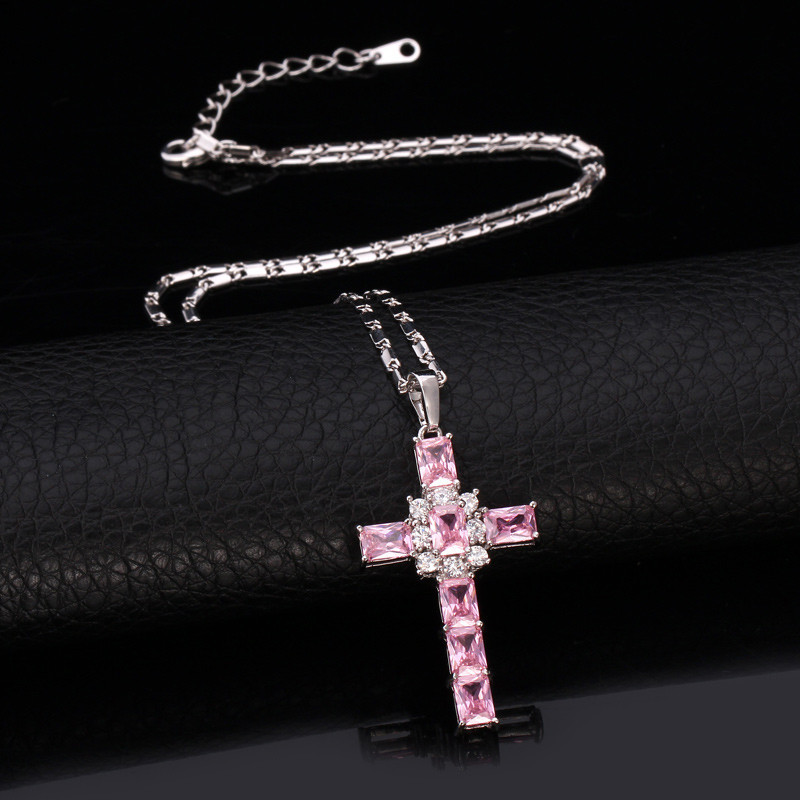 Crystal Cross Pendant, Pink Cubic Zirconia-02