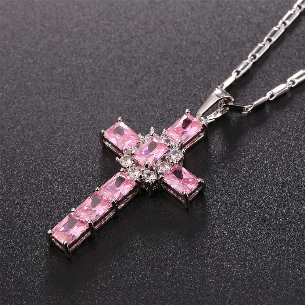 Crystal Cross Pendant, Pink Cubic Zirconia-03