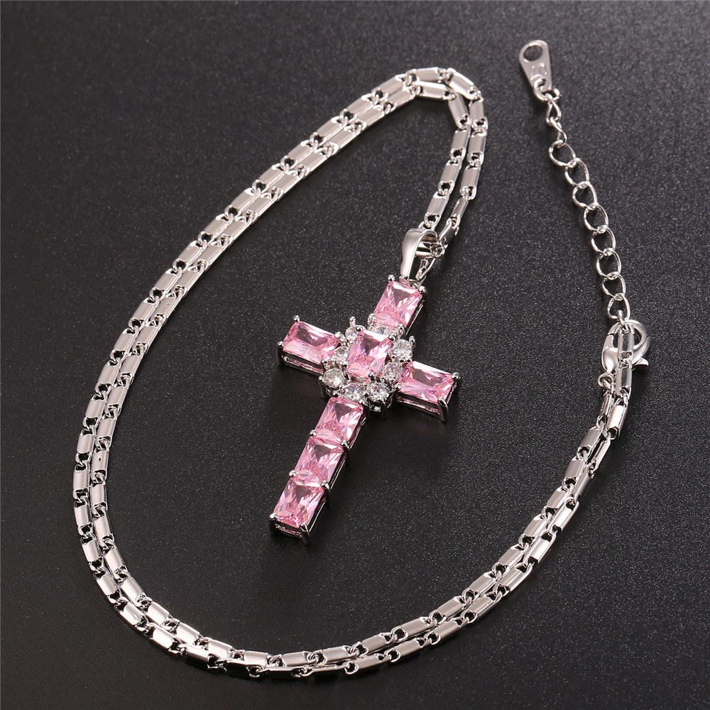 Crystal Cross Pendant, Pink Cubic Zirconia-05