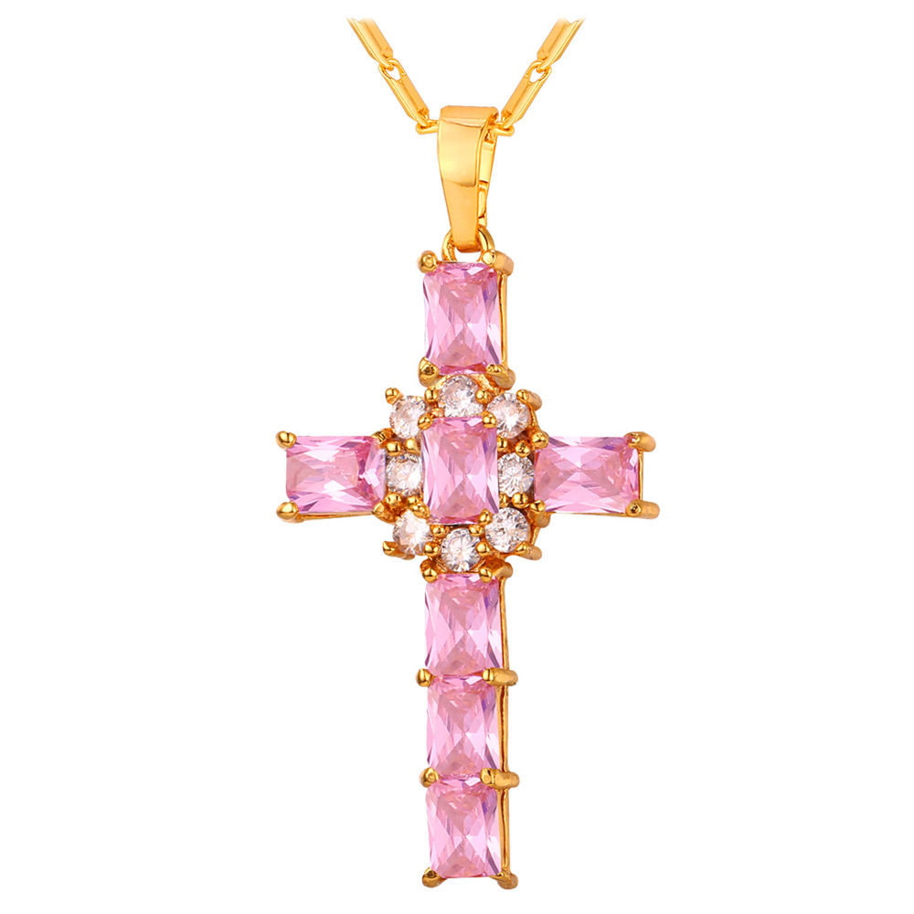Crystal Cross Pendant Necklace with Pink Cubic Zirconia in 18K Gold Plated