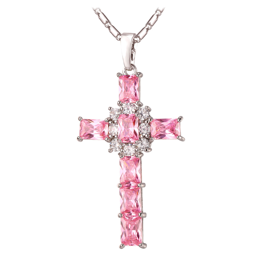 Crystal Cross Pendant Necklace with Pink Cubic Zirconia in Platinum Plated