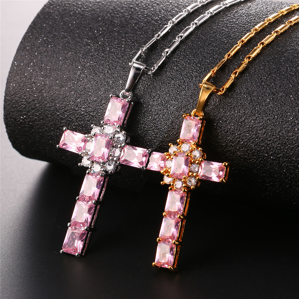 Crystal Cross Pendant with Cubic Zirconia Necklaces in Different Colors-01