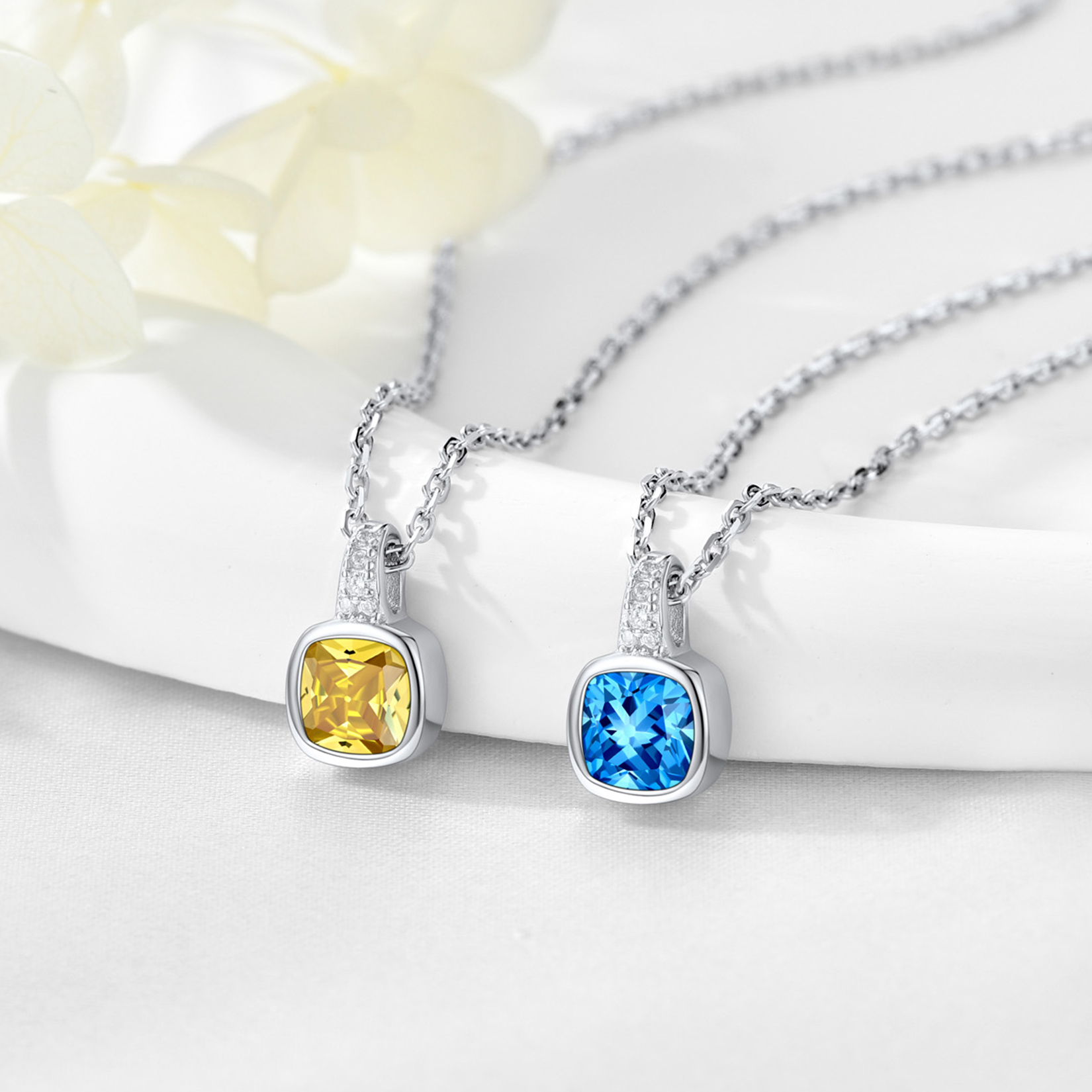 Cushion Cut with Birthstone Necklaces in Different Month Colors-01